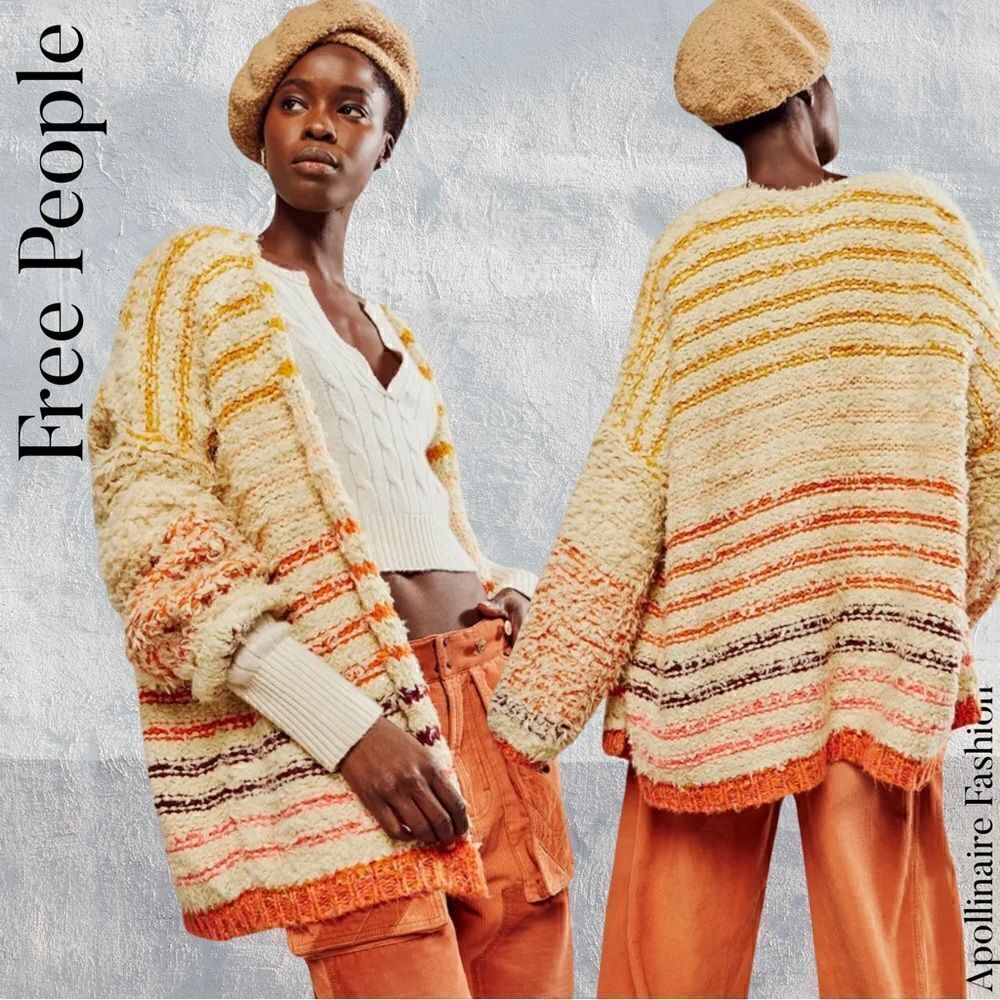 FREE PEOPLE RAINBOW FUZZ CARDI SWEATER IN CREAM COMBO NWT